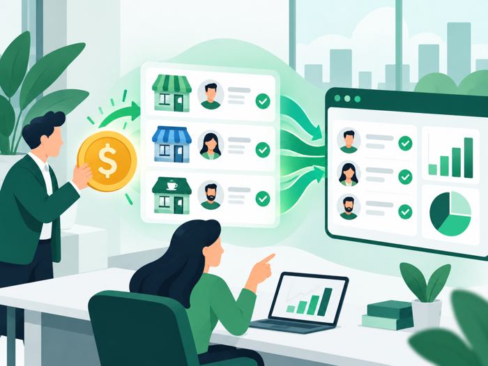 Verified merchant records flowing into a reporting dashboard